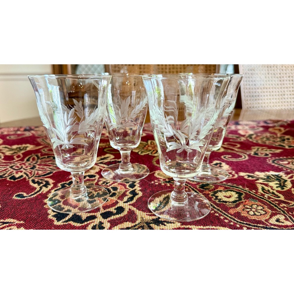 Vintage Wheel-Cut Etched Wheat Footed Glasses Set of 4 | Mid-Century Clear Optic